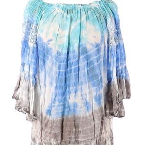 Surf Gypsy Tie-Dye Aquamarine, Blue, White and Gray Boho Whimsy Flowy Blouse
